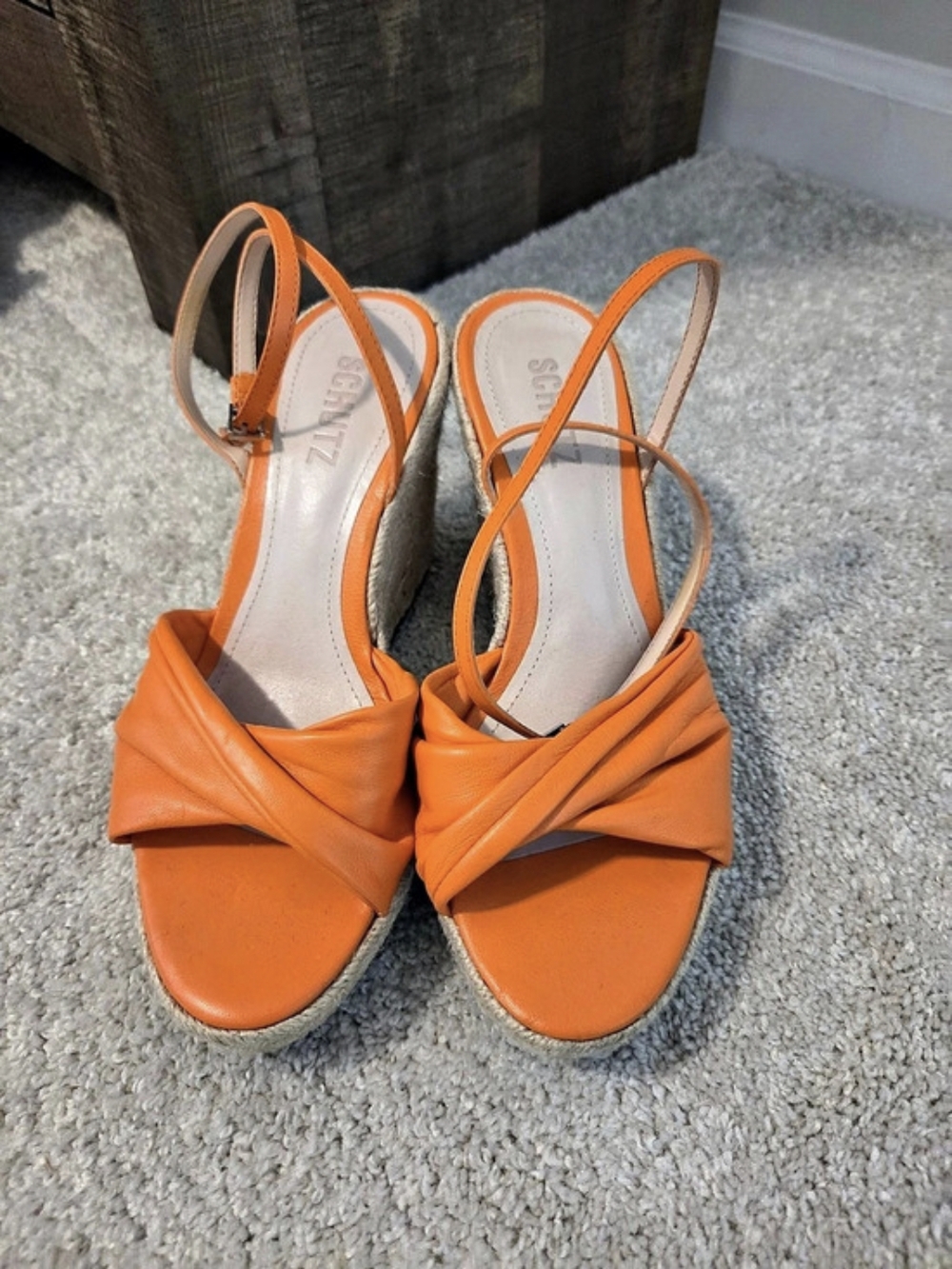 Schutz Orange Strappy Wedge Sandals
